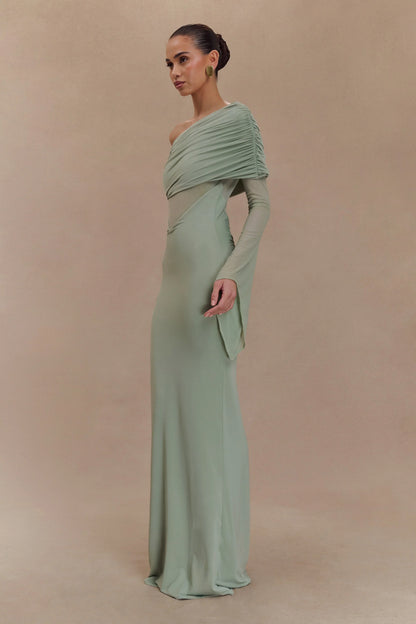 Kaitlin One Shoulder Slinky And Mesh Maxi Dress Basil