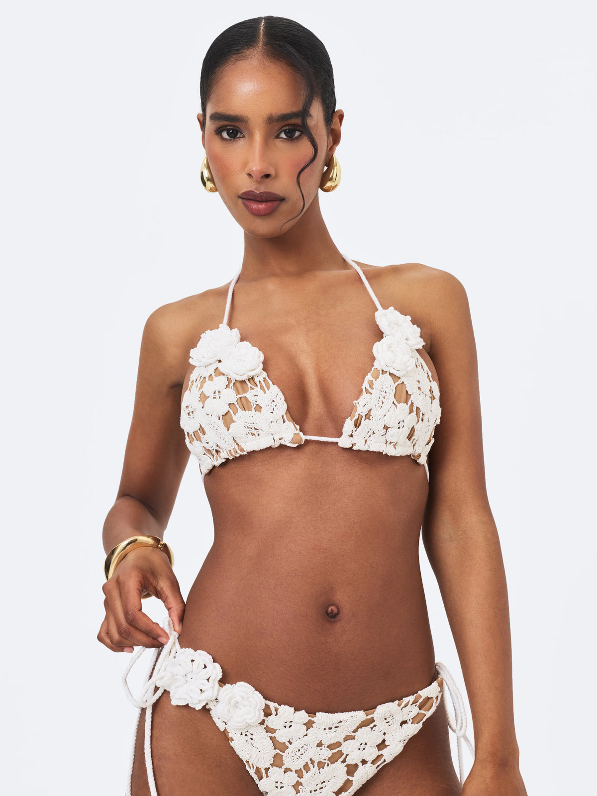 Lela White Floral Crochet Side Tie Bikini Bottom