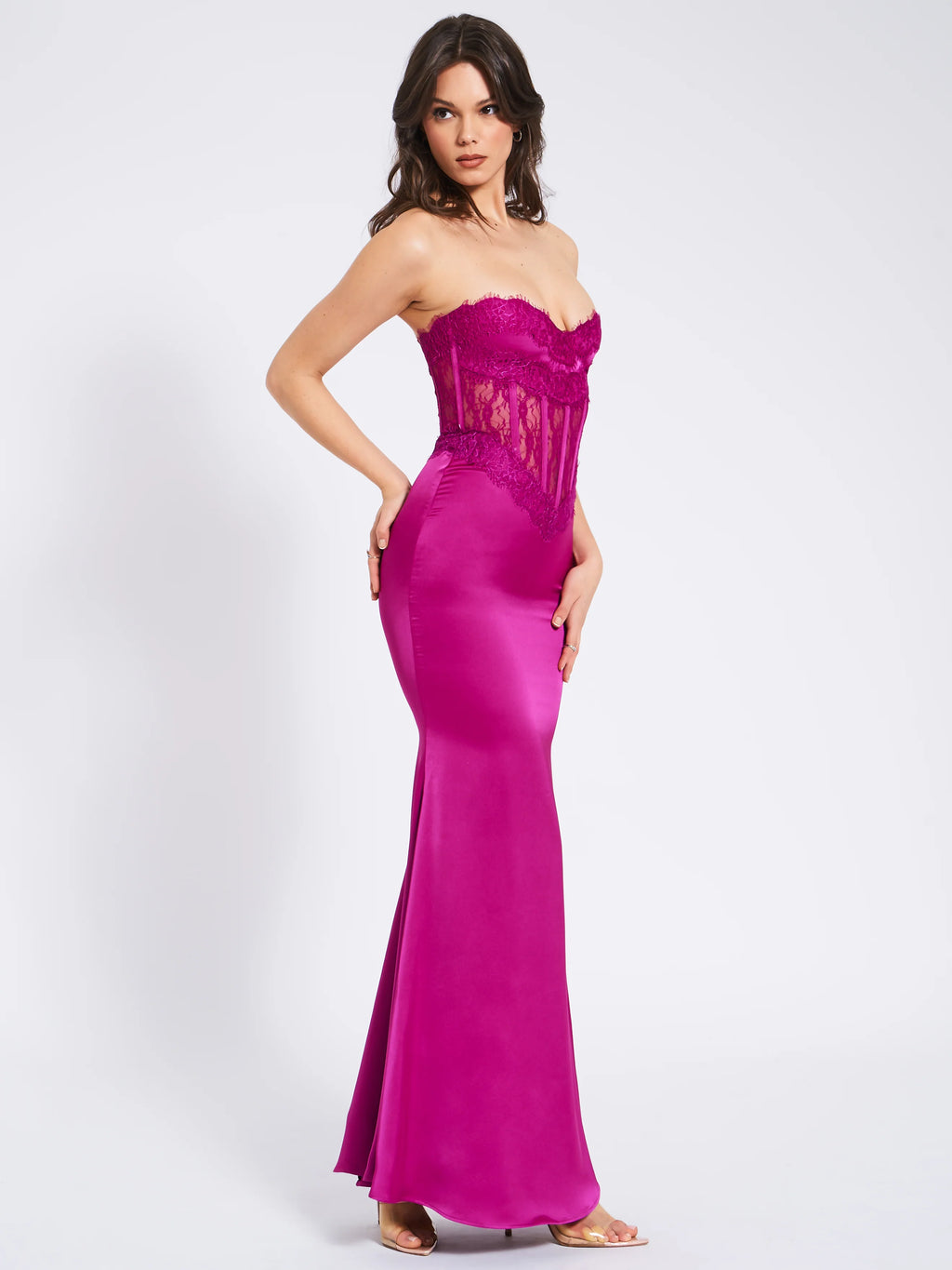Everleigh Fuchsia Lace Satin Corset Maxi Dress Archive Sale
