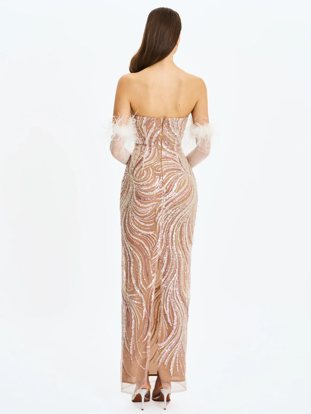 Quinci Apricot Beaded Sequin Sweetheart Maxi Dress