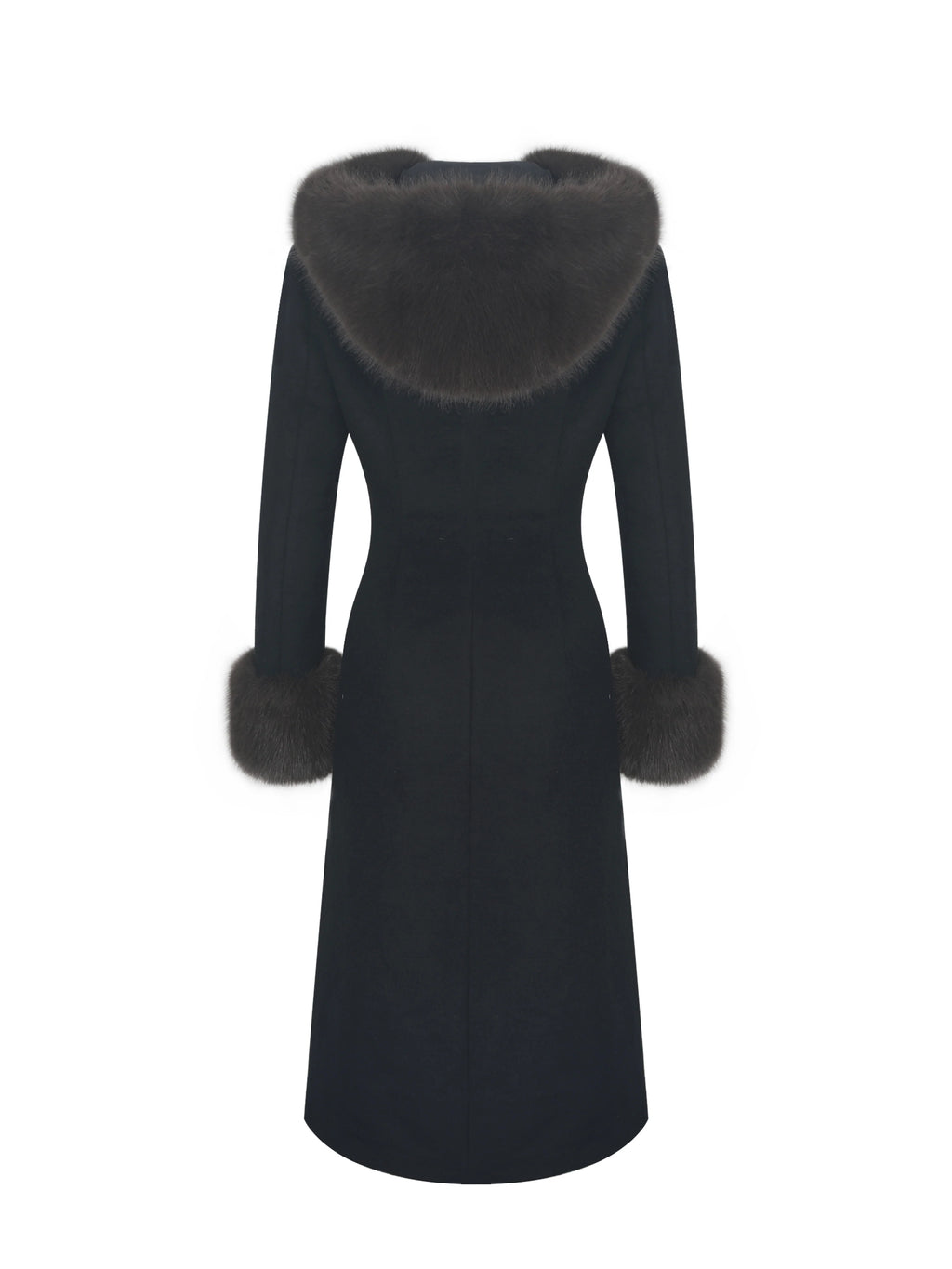 Sloan Black Wool Blend Sculpted Midi Coat with Fur Hood