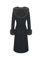 Sloan Black Wool Blend Sculpted Midi Coat with Fur Hood