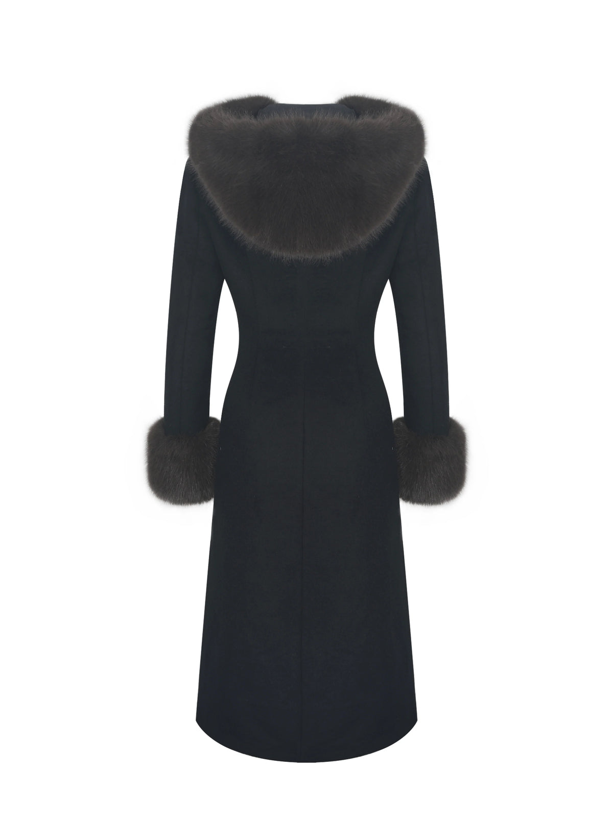 Sloan Black Wool Blend Sculpted Midi Coat with Fur Hood