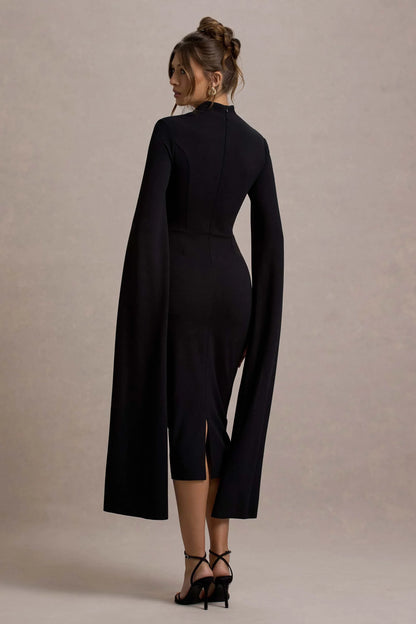 Linden Black Bodycon Cape Sleeve Midi Dress
