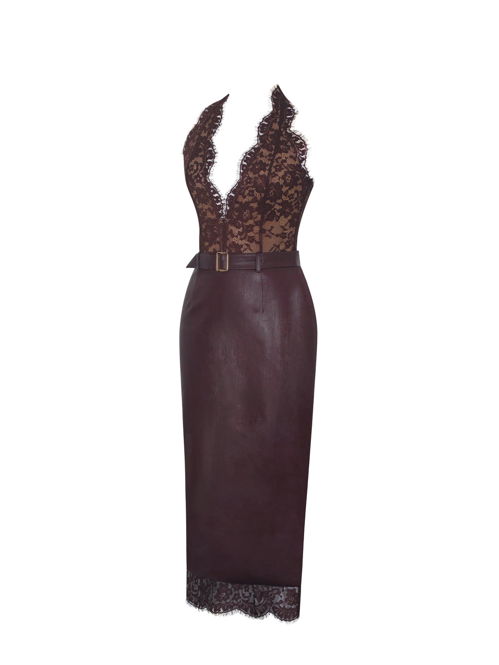 Fiera Mahogany Plunging Halter Belted Midi Dress