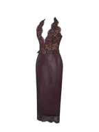 Fiera Mahogany Plunging Halter Belted Midi Dress