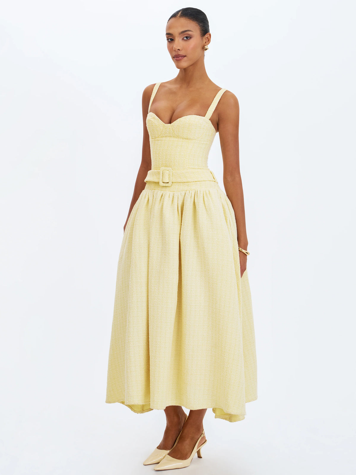 Tiana Butter Yellow Sweetheart Belted Midi Dress