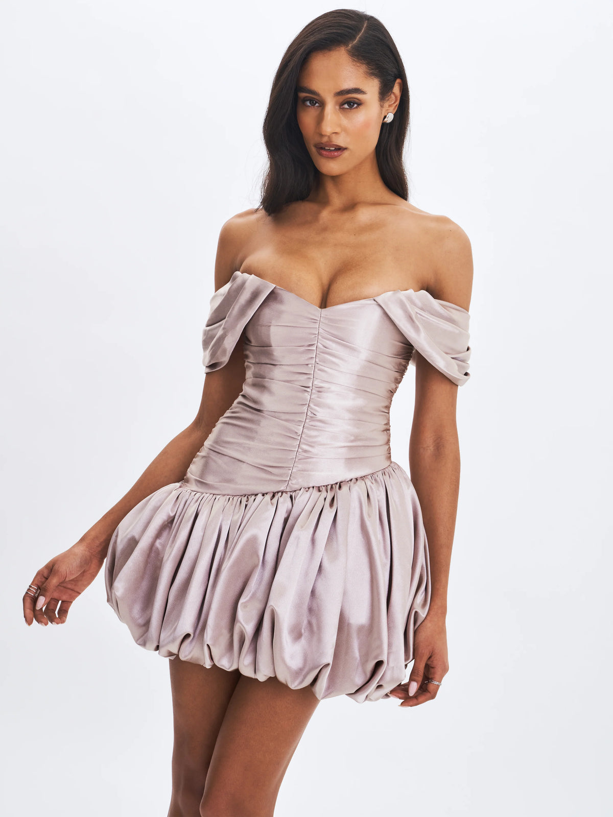 Milena Champagne Ruched Asymmetrical Bubble Mini Dress