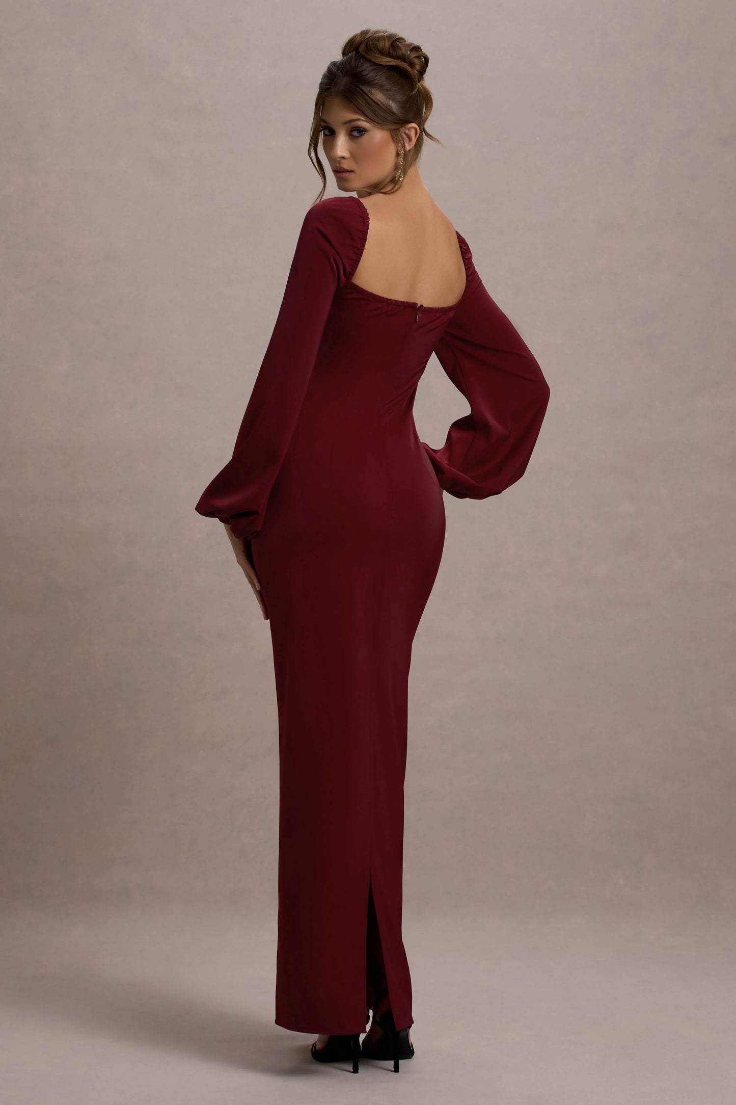 Nika Berry Satin Square Neck Balloon Sleeve Maxi Dress