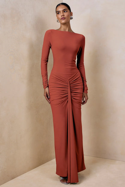 Matilda Rust Boat Neck Maxi Dress With Ruched Detailing