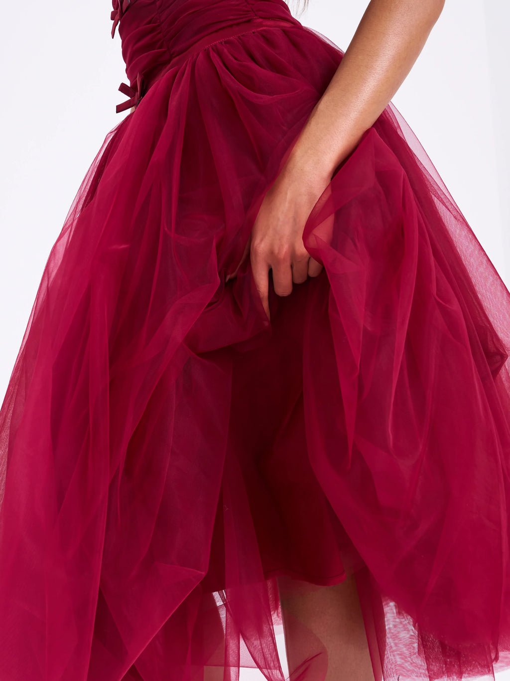 Mabel Burgundy Drop Waist Layered Mesh Midi Puffy Dress with Bow