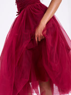 Mabel Burgundy Drop Waist Layered Mesh Midi Puffy Dress with Bow