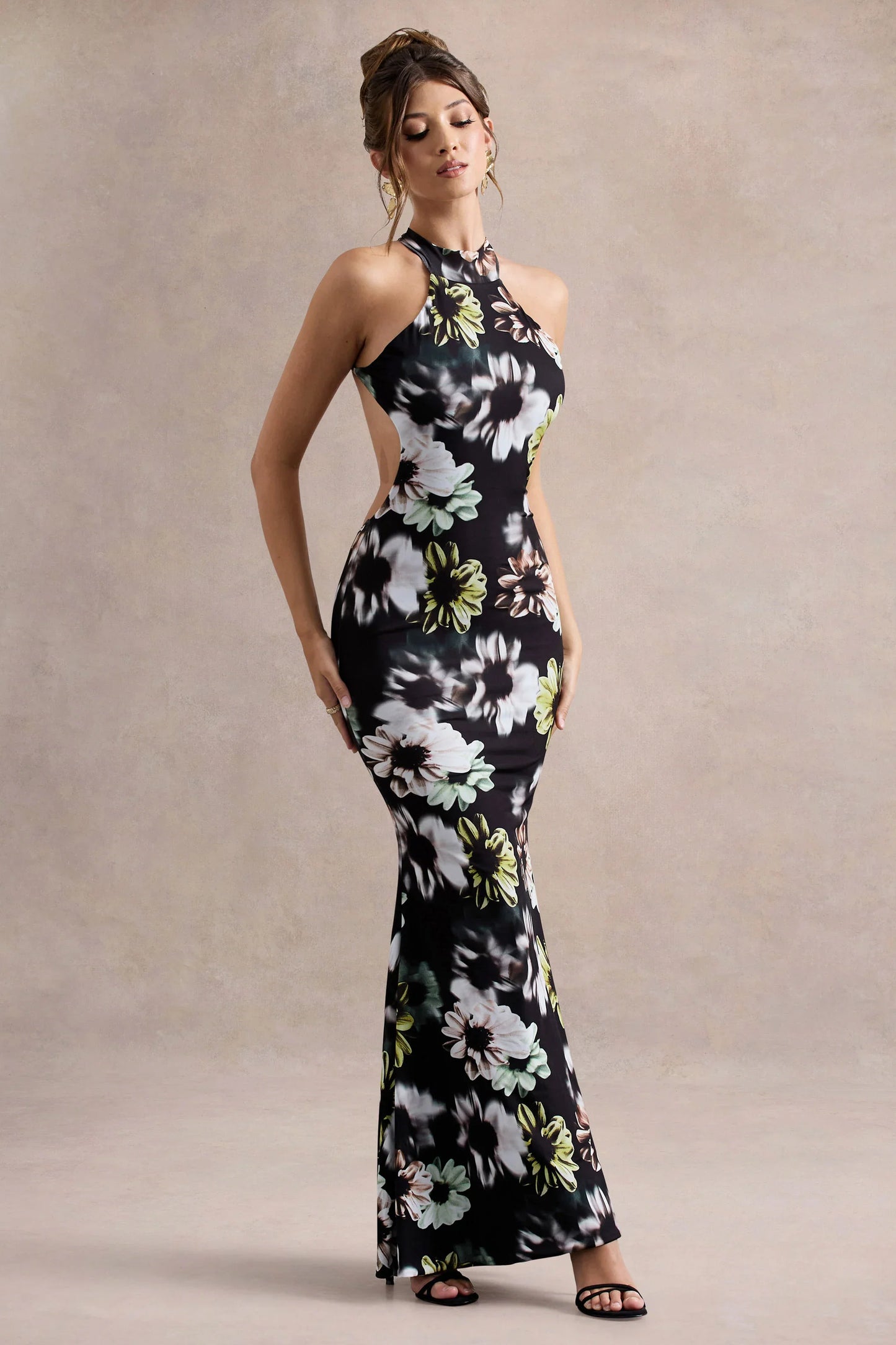 Tuscany Black Floral Print Halter Neck Split Maxi Dress