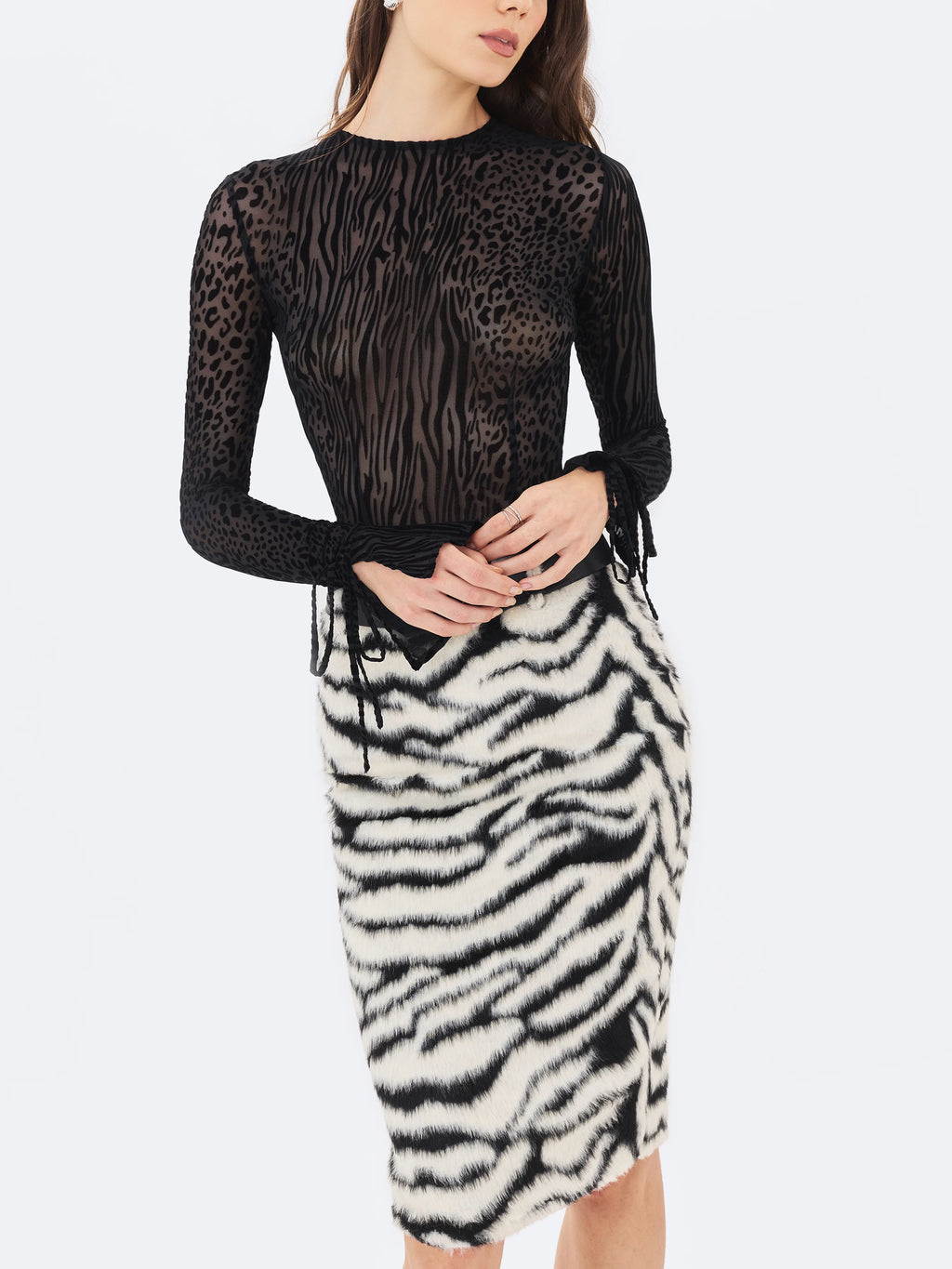 Xylena Black White Zebra Fur Midi Pencil Skirt