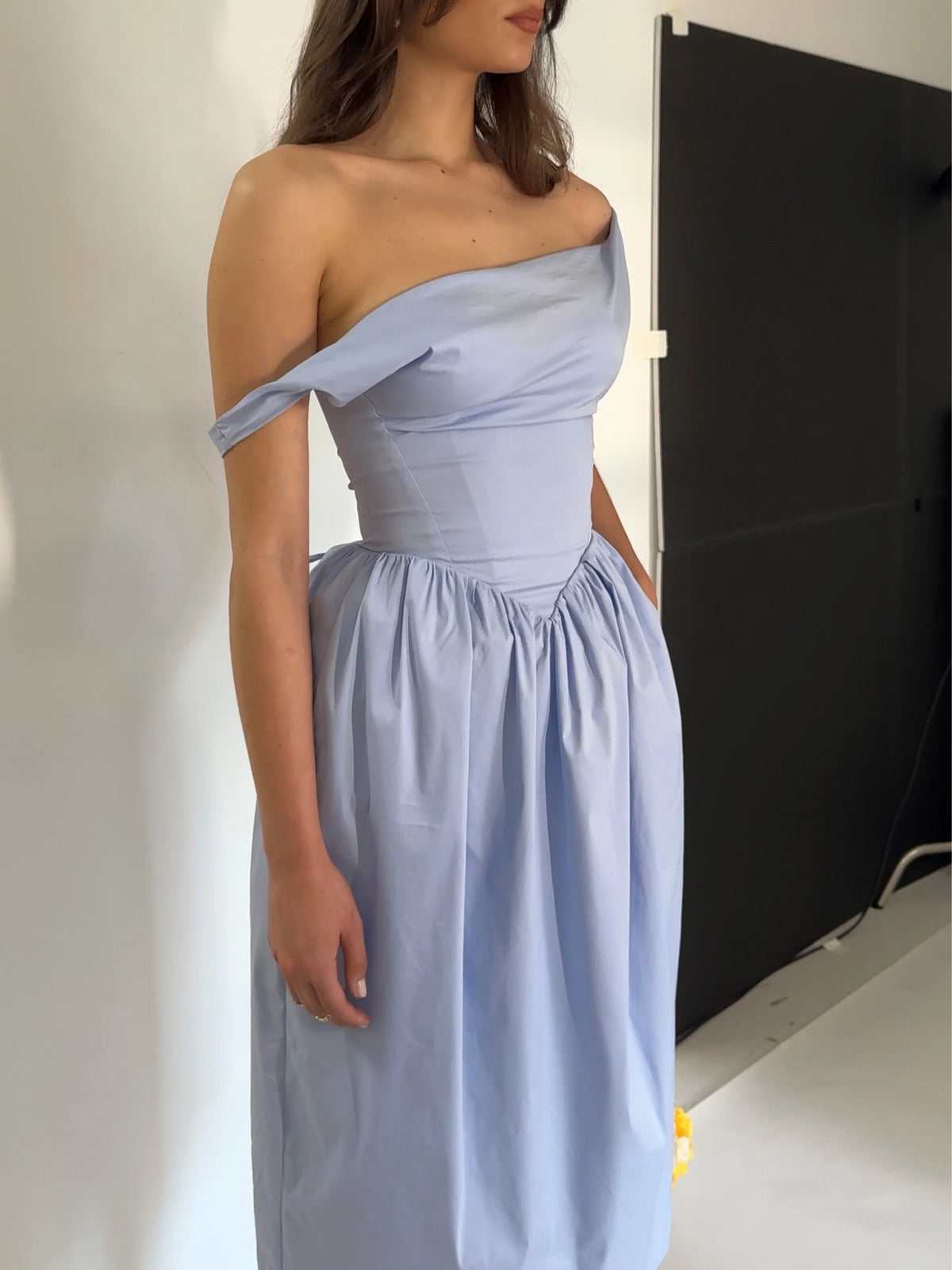 Reina Blue Cotton Poplin Drop Waist Corset Midi Dress