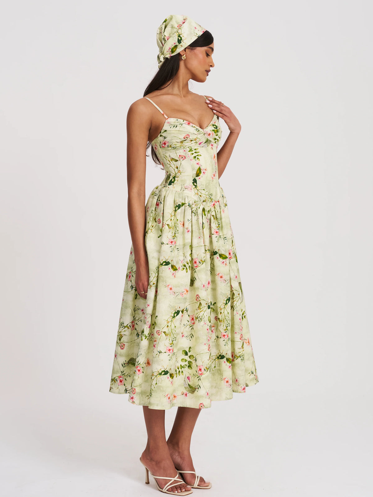 Jacinda Green Floral Print Linen Midi Dress
