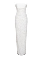 Lainey White Satin Sequin Pearls Beaded Maxi Dress