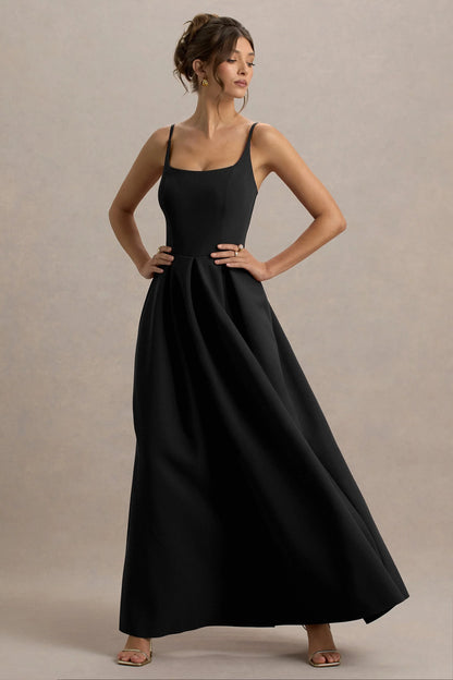 Bambina Black Scoop Neck Pleated Maxi Dress