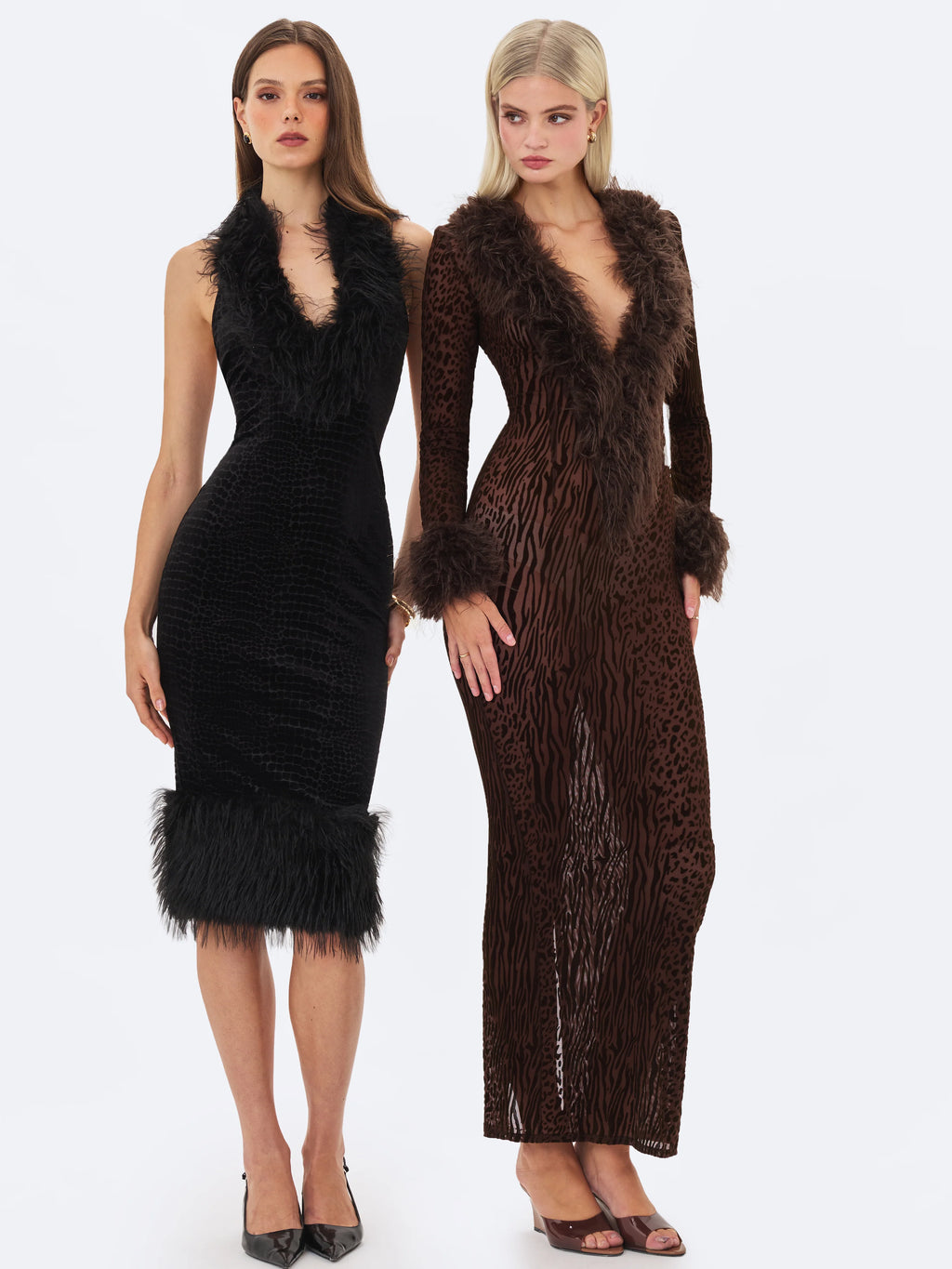 Onalee Black Croc Embossed Velvet Fur Midi Dress