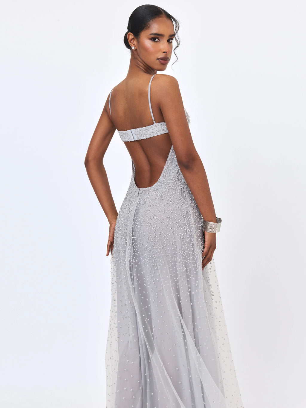 Wallie Silver Rhinestone Embellished Mesh Backless Gown