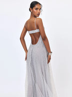Wallie Silver Rhinestone Embellished Mesh Backless Gown