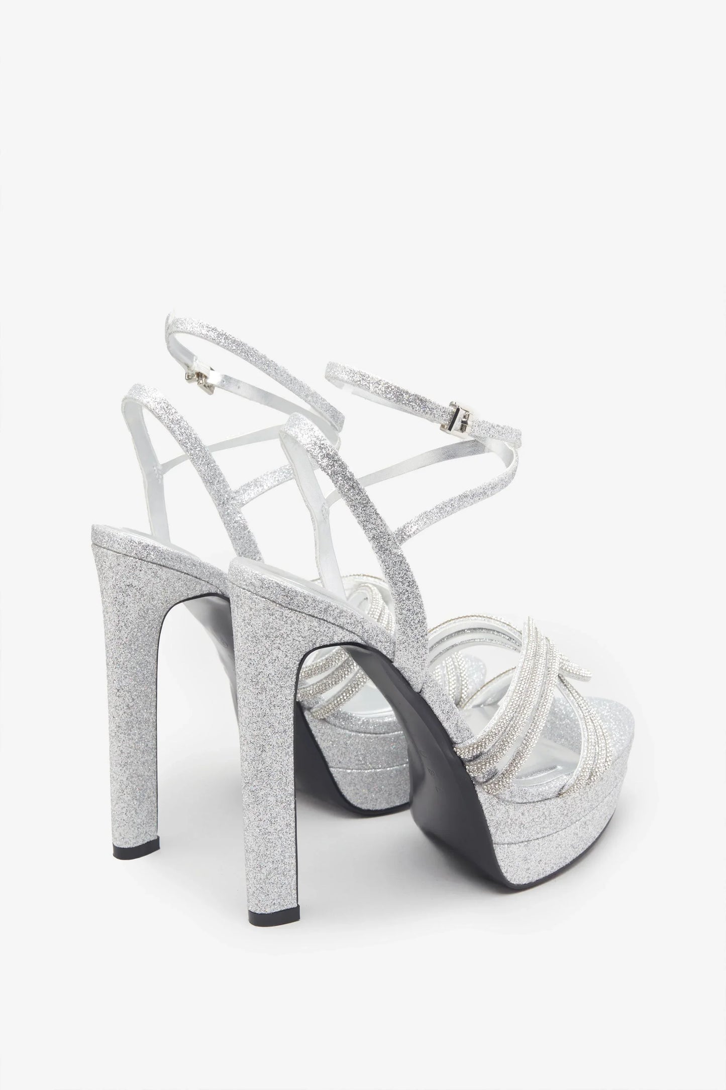 Doll Drama Silver Glitter Diamante Strappy Platform Heels