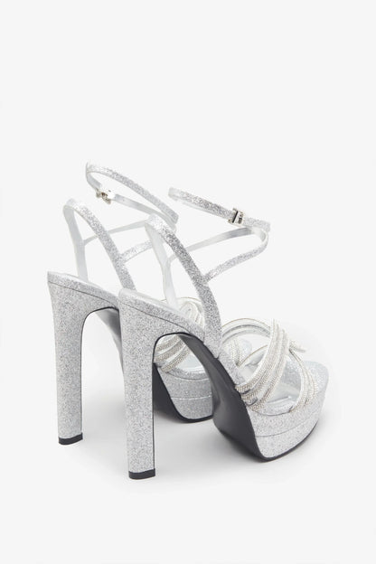 Doll Drama Silver Glitter Diamante Strappy Platform Heels