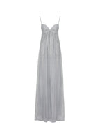 Wallie Silver Rhinestone Embellished Mesh Backless Gown