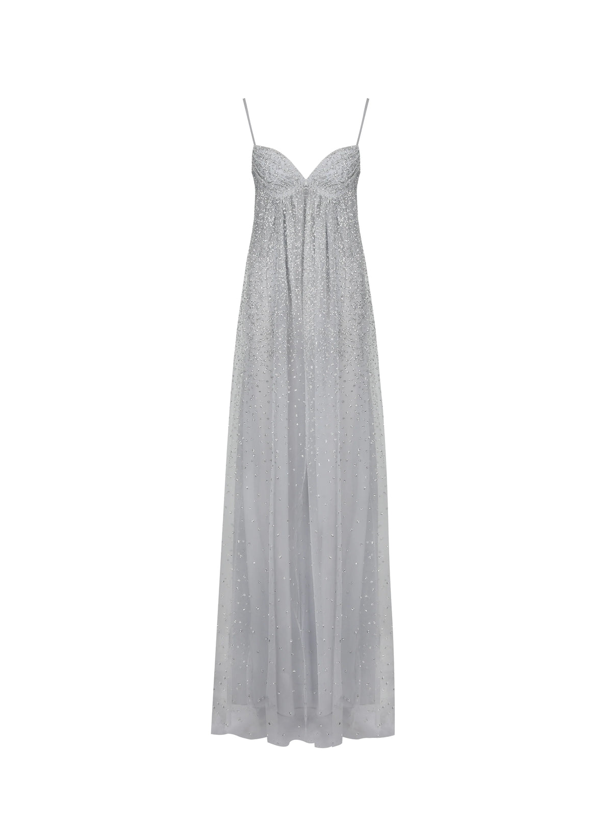 Wallie Silver Rhinestone Embellished Mesh Backless Gown