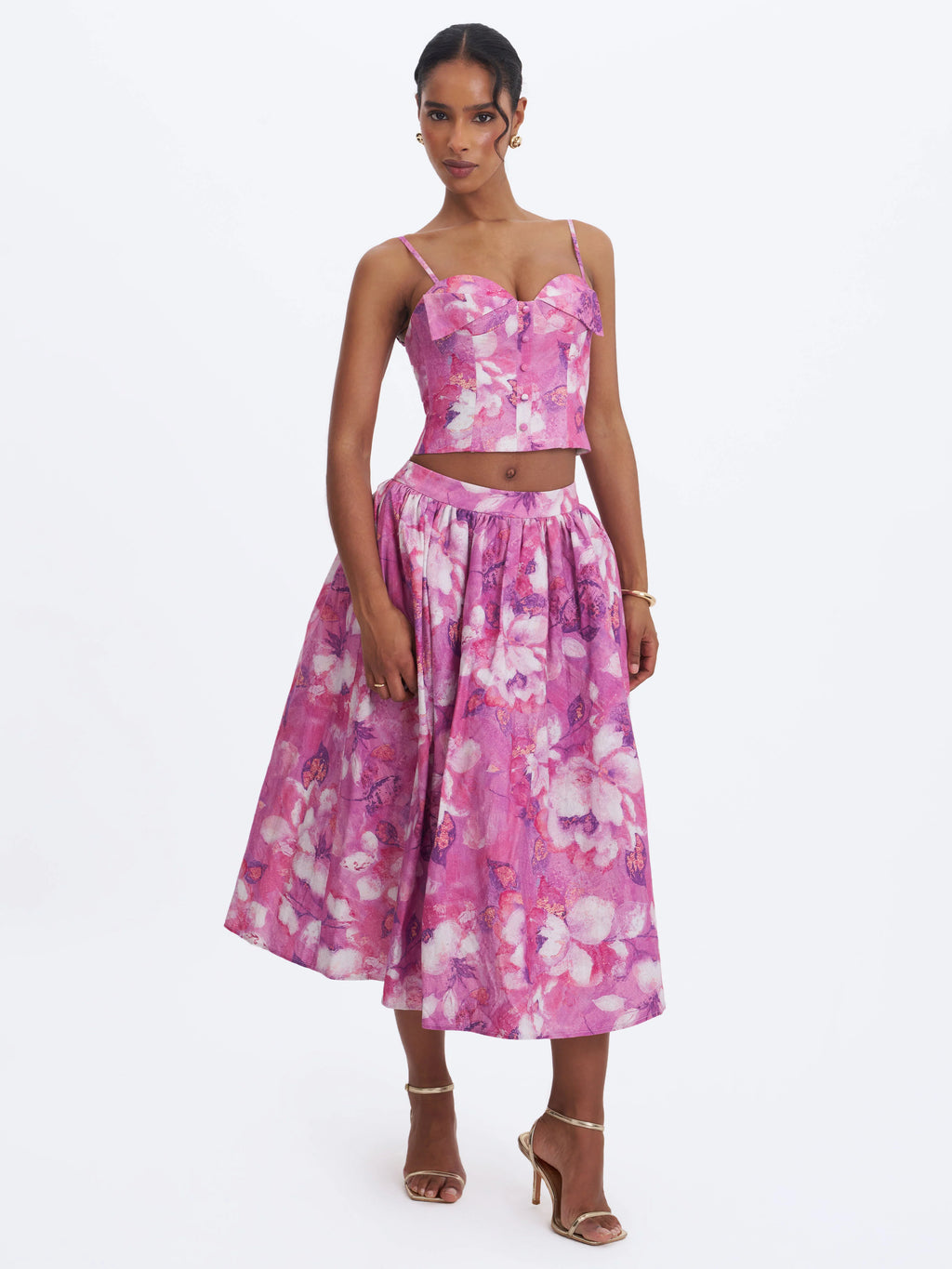 Xalina Blooming Magenta Linen Low Rise Midi Skirt