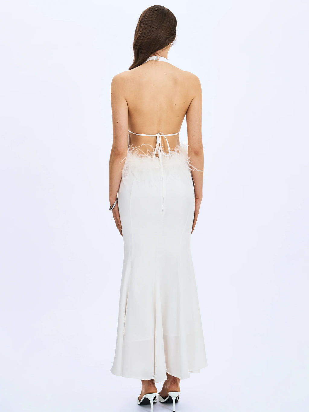 Solene Pleated Halter Backless Feather Trim Maxi Dress