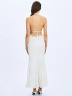 Solene Pleated Halter Backless Feather Trim Maxi Dress