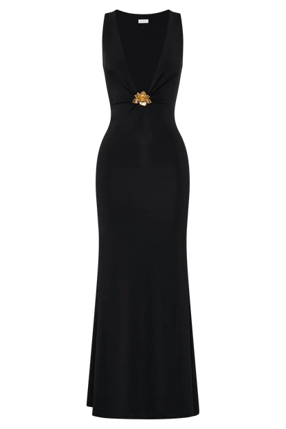 Beck Plunge Maxi Dress With Floral Hardware Black