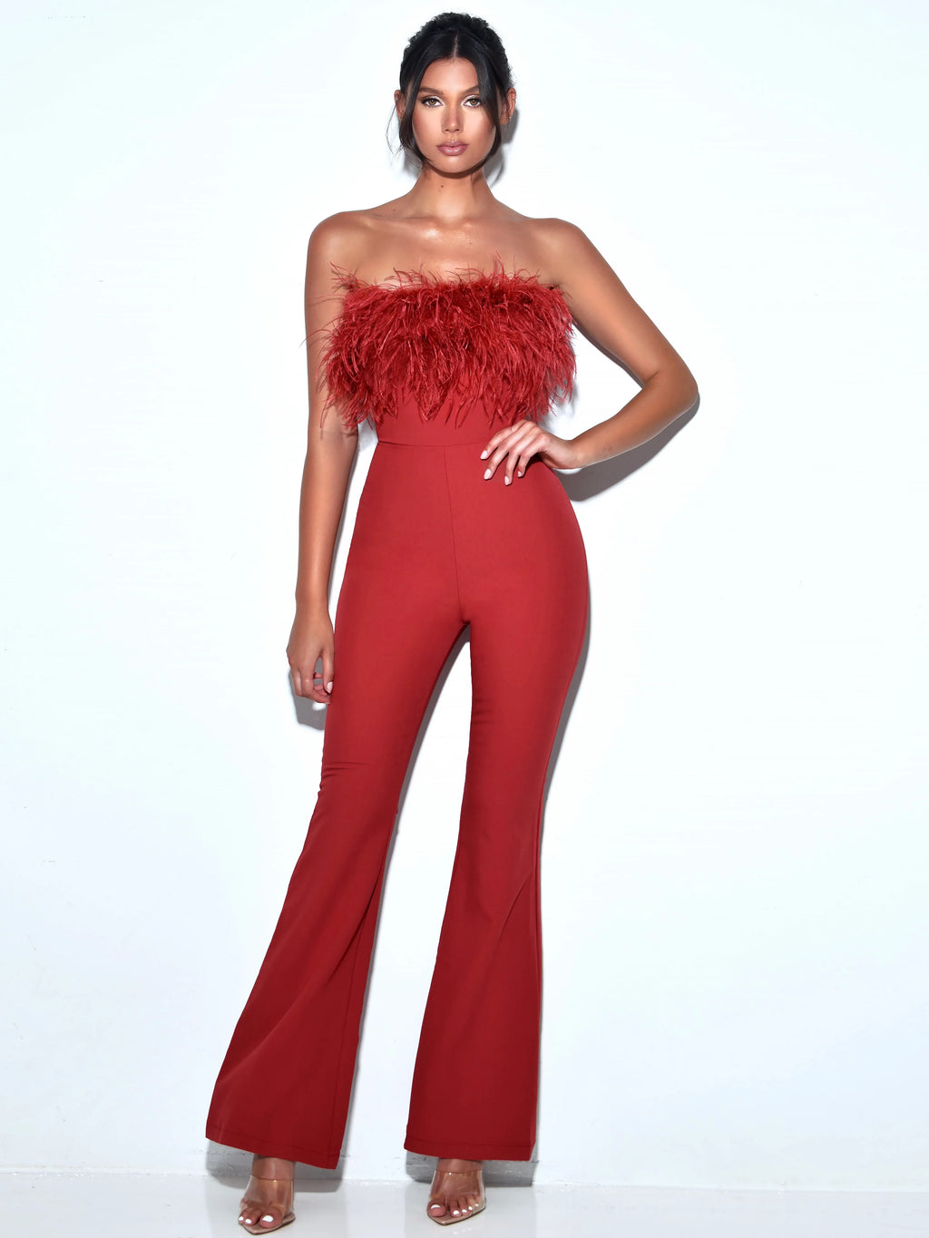 Kylan Burgundy Feather Jumpsuit Archive Sale