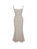 Xiomara Beige Gold Stripe Crochet Knit Mermaid Midi Dress