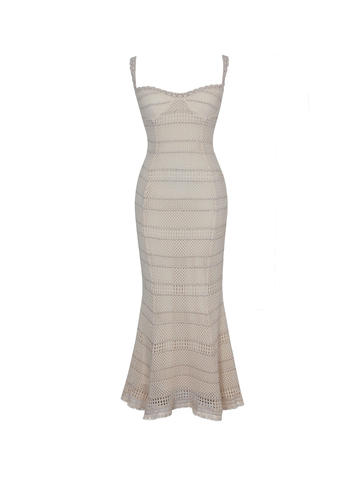 Xiomara Beige Gold Stripe Crochet Knit Mermaid Midi Dress