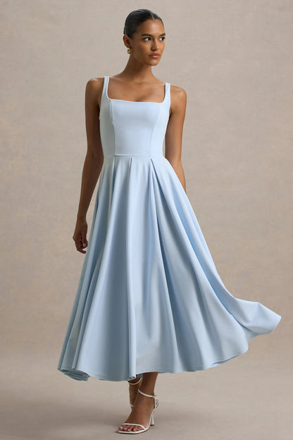Parina Powder Blue Strappy Volume Hem Midi Dress
