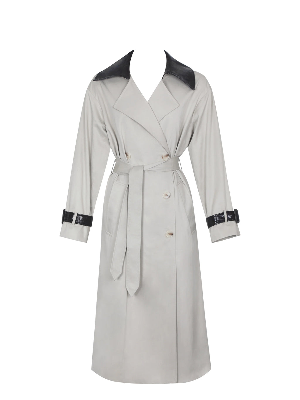 Umber Oyster Double Breasted Faux Leather Lapel Trench Coat