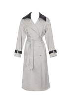 Umber Oyster Double Breasted Faux Leather Lapel Trench Coat