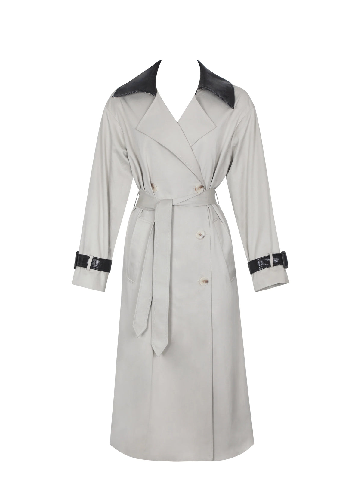 Umber Oyster Double Breasted Faux Leather Lapel Trench Coat