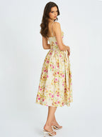 Jacinda Yellow Floral Print Linen Midi Dress