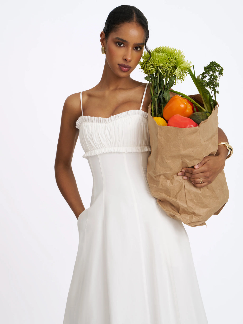 Vicenta White Cotton Poplin Ruched Midi Dress