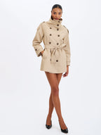 Vanetta Tan High Collar Double Breasted Trench Mini Coat