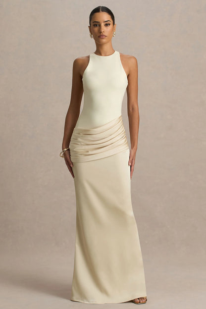 Akari Cream Crew Neck Maxi Dress With Satin Skirt