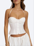 Waverly White Cotton Poplin Button Front Sweetheart Halter Top