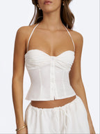 Waverly White Cotton Poplin Button Front Sweetheart Halter Top