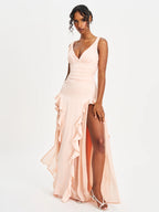 Talyssa Baby Pink Ruched Waist Double High Slit Maxi Gown Archive Sale