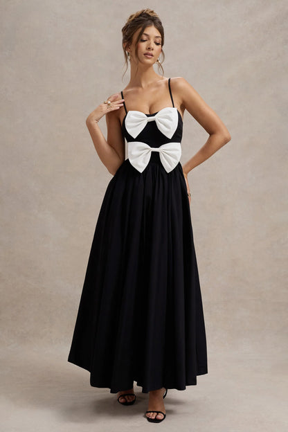 Loved Up Black Strappy Pleated Maxi Dress With Bows