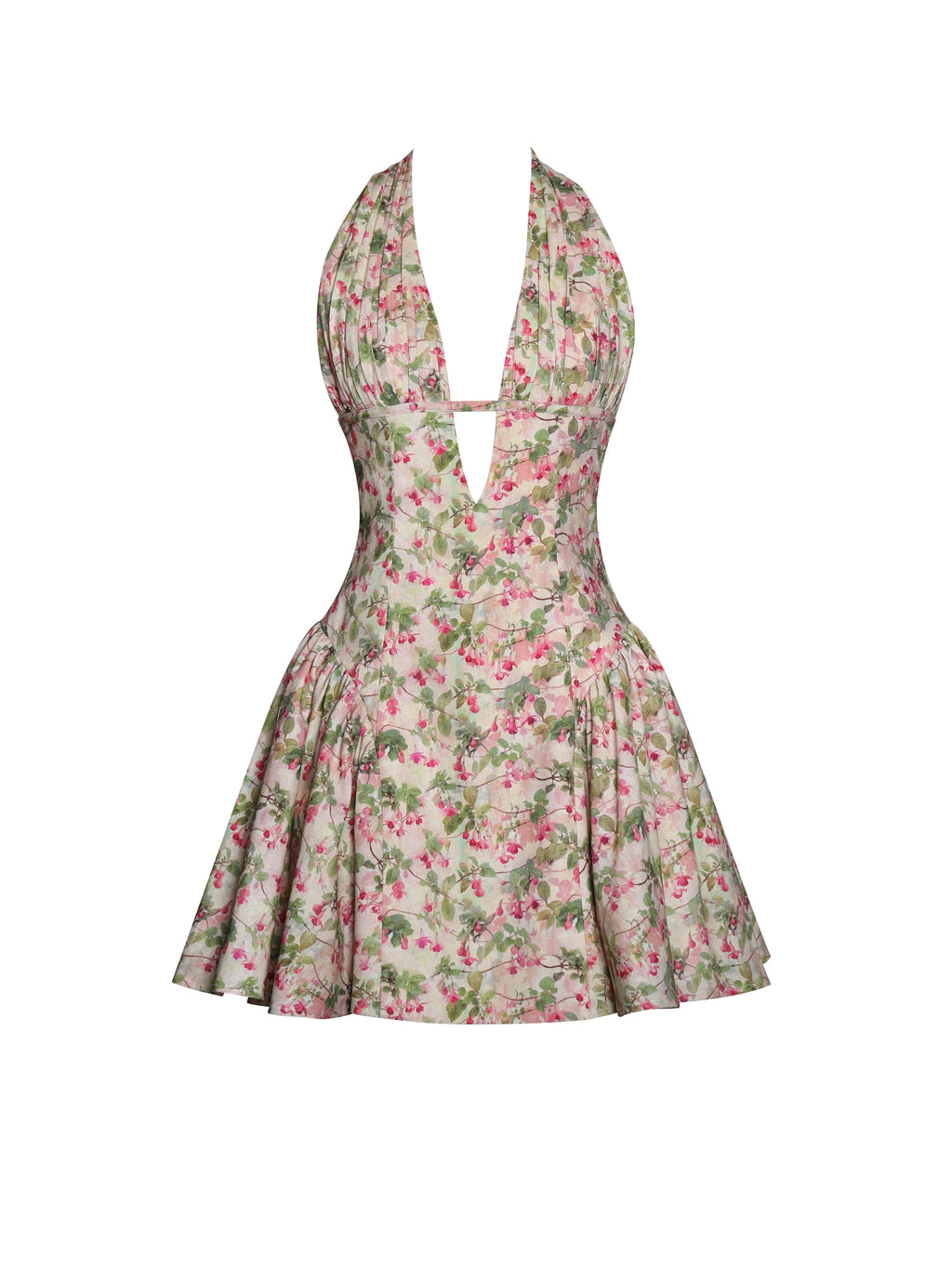 Mackenzie Green and Pink Floral Print Halter Linen Mini Dress