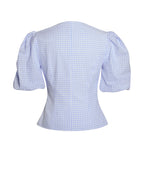 Qusayla Baby Blue Gingham Cotton Bubble Sleeve Bowtie Top